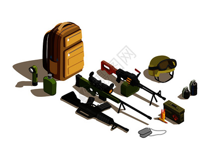 陆人员事装备与个人战斗猎烧瓶背包等距矢量插图队人员等距事装备图片