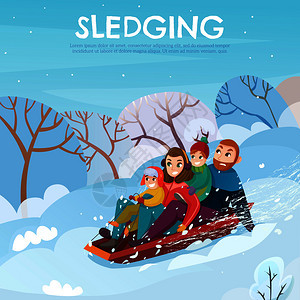 冬季娱乐活动海报与雪橇家庭符号平矢量插图冬季娱乐活动插图图片