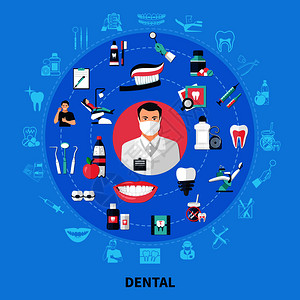 牙科圆形与口腔设备牙膏支架牙线白色微笑平图标矢量插图牙科圆形理念背景图片