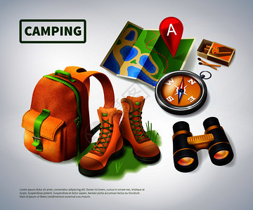 露营写实构图与大绿色标题图标矢量插图野营写实构图图片