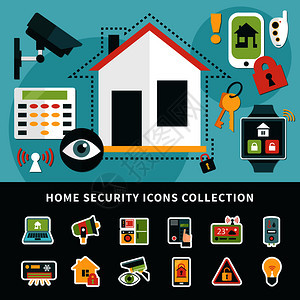 家庭安全图标收集与监控系统,气候控制,移动应用程序智能住宅孤立矢量插图家庭安全图标收集图片