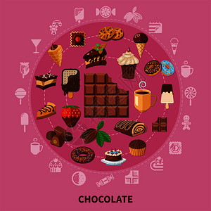 巧克力圆形构图粉红色背景与饮料可可豆,糕点,糖果,冰淇淋平矢量插图巧克力圆形构图图片