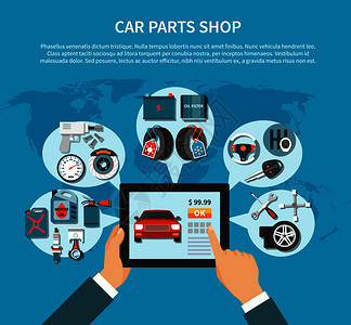 轮胎服务扁平化与网上购物的汽车备件矢量插图轮胎服务理念图片