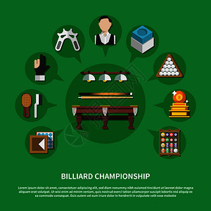 台球锦标赛平构图绿色背景与游戏设备,球员,奖杯,清洁配件矢量插图台球锦标赛平作文图片