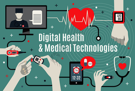数字医疗技术平海报与专业医生协助自护理移动设备矢量插图数字医疗技术平海报图片