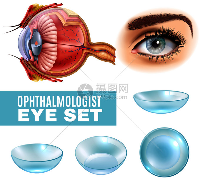 眼科逼真的隐形眼镜人眼解剖侧视孤立矢量插图眼科现实套图片