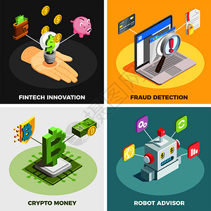 金融技术2x2集Fintech创新欺诈检测密码货币机器人顾问方成等距矢量插图金融技术2x2理念图片