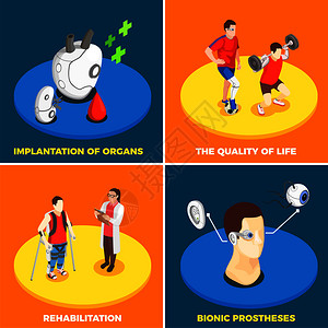 医疗技术2x2理念与植入器官仿生假体的生活质量康复等距方形图标矢量插图医疗技术2x2理念图片
