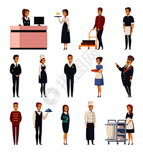 酒店员工卡通集的孤立图标,代表服务员女佣,门卫,接待员,服务员,厨师,礼宾服务员矢量插图酒店员工卡通套装图片