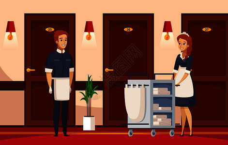 酒店员工卡通构图与清洁工女佣事服务职责矢量插图酒店员工卡通构图背景图片
