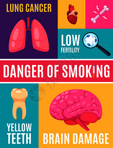 吸烟危险卡通海报与并发症的信息,如低生育率肺癌,黄牙,脑损伤矢量插图吸烟危险卡通海报图片
