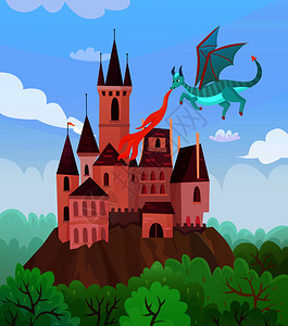 仙女龙的构图与平卡通风格的图像飞行喷火龙城堡景观矢量插图飞龙城堡成图片