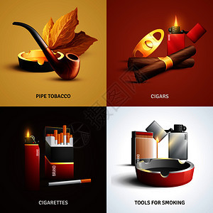 烟草产品与雪茄,香烟,木管烟灰缸,工具吸烟孤立矢量插图烟草产品理念背景图片