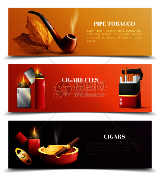 烟草产品水平横幅与吸烟管,香烟打火机,雪茄孤立矢量插图烟草产品横向横幅图片