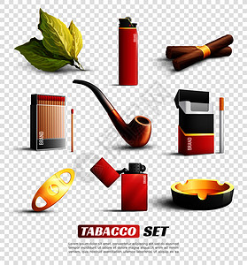 套烟草产品配件,包括雪茄,香烟,打火机,烟灰缸隔离透明背景矢量插图烟草产品透明背景集背景图片
