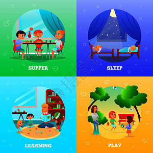 幼儿园人物与教育者孩子学,晚餐,游戏,睡眠孤立矢量插图幼儿园人物理念图片