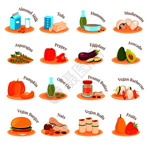 素食饮食食品平图标收集与汉堡卷杏仁牛奶坚果水果矢量插图纯素素食菜肴平图标图片
