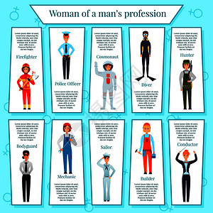 女职业信息图表与女人物保镖,警官,建筑工人,指挥,宇航员蓝色背景矢量插图女职业信息图表图片