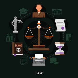 法律圆形构图法律制度,复古风格相关的图标简短的案例剪影象形文字矢量插图正义轮成的规模图片