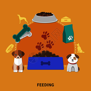 狗的成与两个小小狗字符的图像碗宠物食品包装与剪影矢量插图小狗喂食扁平成分图片
