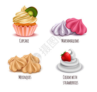 鲜奶油甜点现实图标与纸杯蛋糕棉花糖奶油奶油与草莓矢量插图鲜奶油甜点逼真图标图片