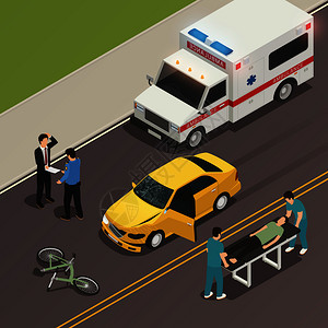 汽车碰撞与自行车等距构成的交通事故场景与涉及的司机救护车矢量插图交通事故场景等距成图片