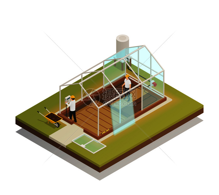 温室电缆支撑设施建设过程等距成与2名工人安装璃板矢量插图温室设施建设等距成图片