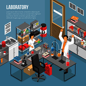 等距科学实验室背景与可编辑文本研究实验室内部与家具人类字符矢量插图实验室的成中图片