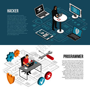 水平等距横幅与黑客破解计算机程序员工作中矢量插图黑客程序员等距横幅图片