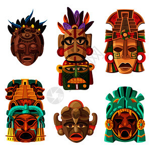 五颜六色的玛雅具卡通集与土著民族,部落宗教装饰元素,矢量插图玛雅具卡通集背景图片