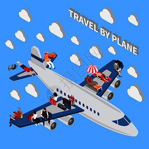带行李的人乘坐飞机等距微型三维矢量插图旅行人员等距图片
