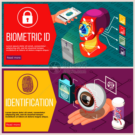 生物识别ID水平横幅与视网膜识别,访问控制部几何指纹隔离矢量插图生物识别ID水平横幅图片