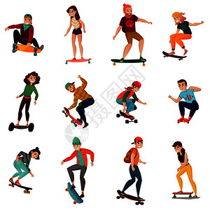 滚轮滑板的角色各种运动姿势中,彩色图标平矢量插图滑板运动员人物图片