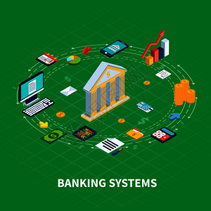 数据等距圆形成的者项目金钱图标与计算机电子银行正矢量插图银行业轮次构成图片