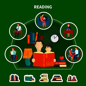 人们绿色背景下阅读文献作文,书堆,内部元素矢量插图人们阅读文学作文图片