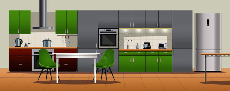 现代厨房室内理念与新鲜绿色橱柜,椅子,家具,照明锈钢电器矢量插图现代厨房室内海报图片