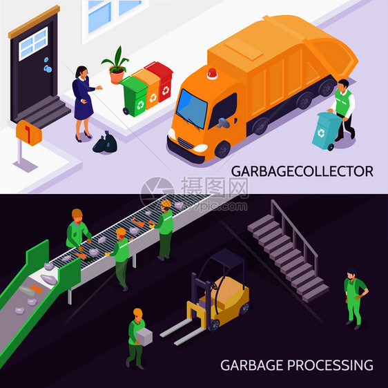 套水平等距横幅与垃圾收集器垃圾卡车,废物回收隔离矢量插图垃圾回收等距横幅图片