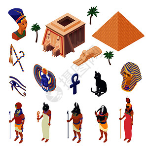 埃及文化符号,地标景点等距图标收集金字塔民族本土服装孤立矢量插图埃及等距集图片