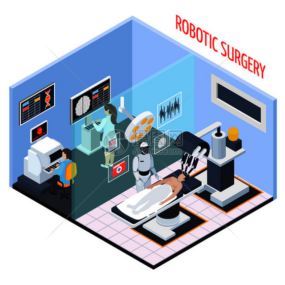 机器人手术构图与技术人的符号等距矢量插图机器人手术等距成图片