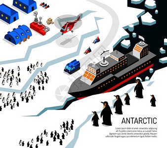 南极大陆冰盖陆地等距海报与破冰研究站沉降企鹅直升机矢量插图南极破冰企鹅沉降海报图片