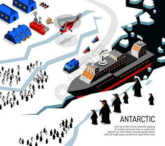 南极大陆冰盖陆地等距海报与破冰研究站沉降企鹅直升机矢量插图南极破冰企鹅沉降海报背景图片