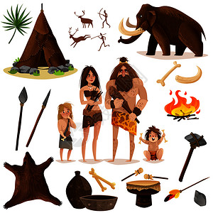 洞穴人装饰图标与小屋狩猎猛犸篝火卡通标志孤立矢量插图洞穴人装饰图标图片