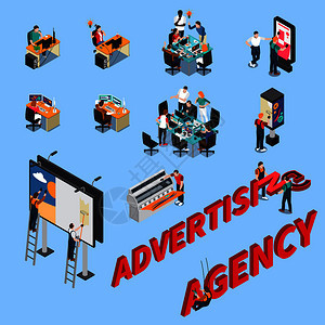 广告公司等距的人工作场所,头脑风暴,粘贴广告牌上蓝色背景矢量插图广告公司等距的人图片