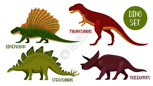 迪诺彩色龙图像,来自同历史时期的各种物种,并附标题矢量插图龙物种图标集图片
