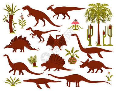 龙中生代植物群以扁平史前植物图像各种龙物种矢量插图龙植物集合背景图片