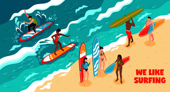 冲浪水平矢量插图与南海滩轻人穿着泳衣冲浪板冲浪水平插图背景图片