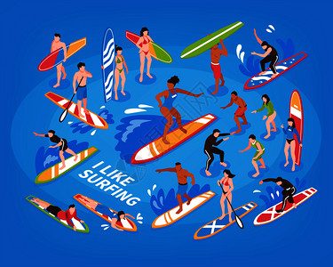 冲浪等距蓝色背景与男女运动员骑波浪与冲浪板矢量插图冲浪等距蓝色背景图片