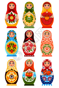 套九个彩色筑巢娃娃画传统手工俄罗斯装饰品孤立矢量插图套九个五颜六色的筑巢娃娃图片