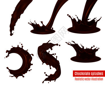 美味的黑巧克力饮料结霜飞溅的真实图像糖果甜点广告矢量插图巧克力飞溅逼真的套装图片