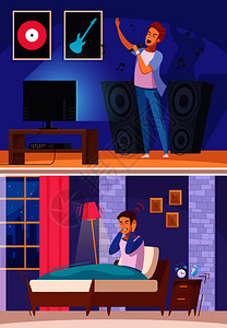 邻居卡拉OK期间,大声的音乐愤怒的失眠的人床上卡通构图矢量插图邻居卡拉OK卡通作文图片